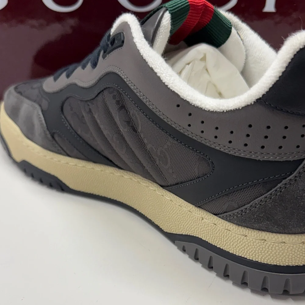 Gucci mens Gray and Black Sneakers with Red and Green Accents
